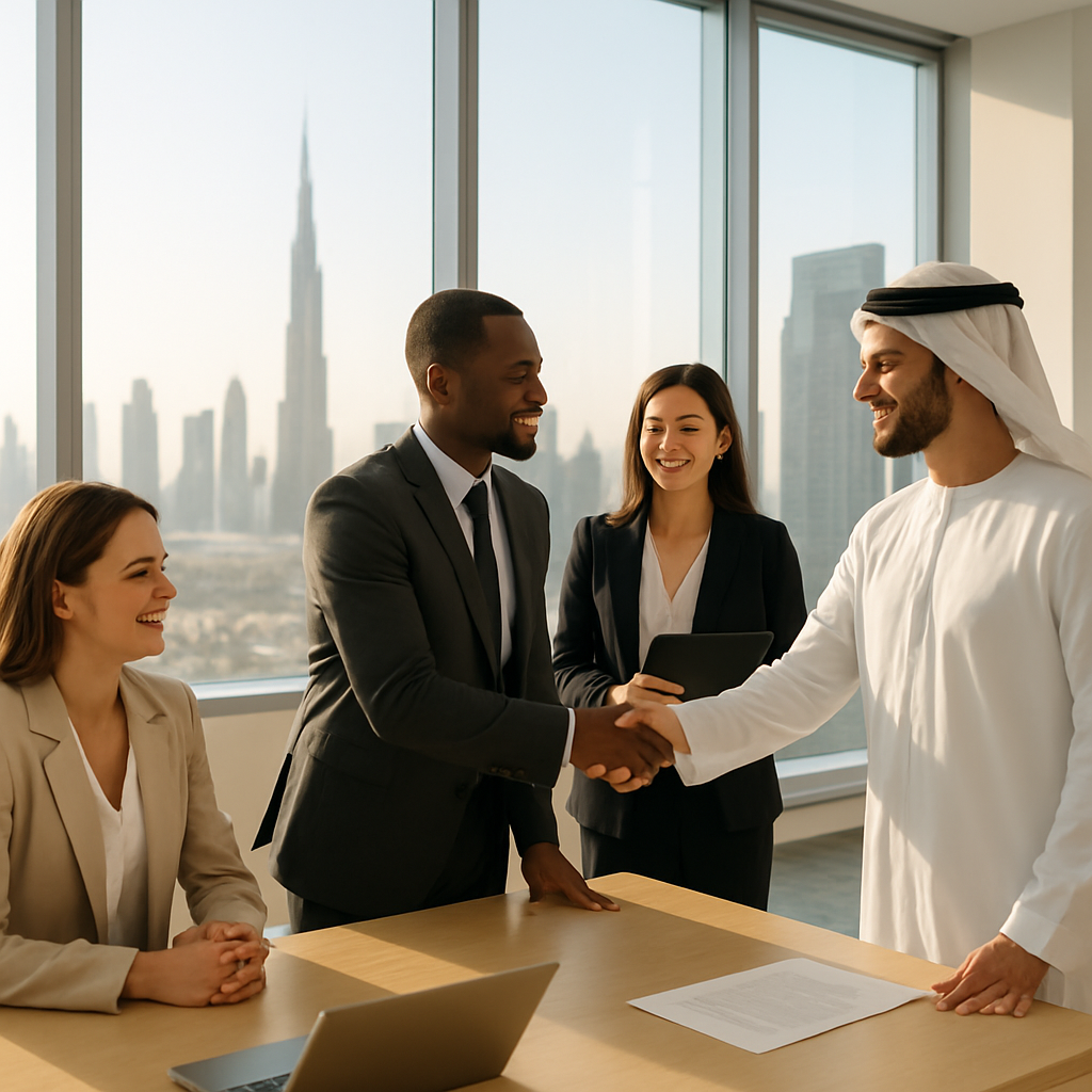 Recruiters and candidates collaborating in a modern Dubai office